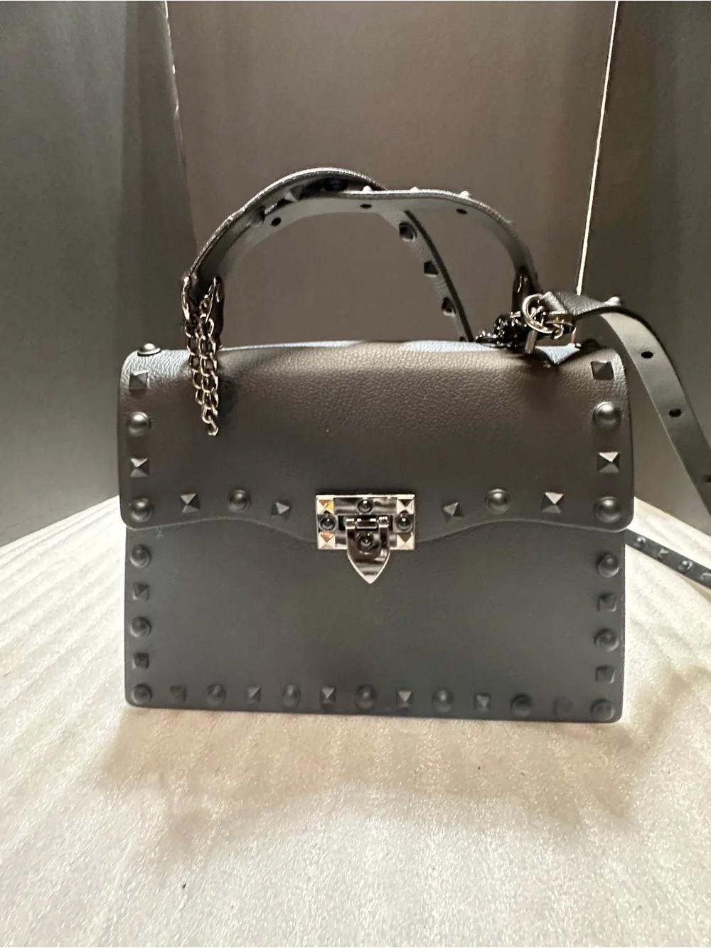 Black Studded Top-Handle Shoulder Bag - Elegant Everyday